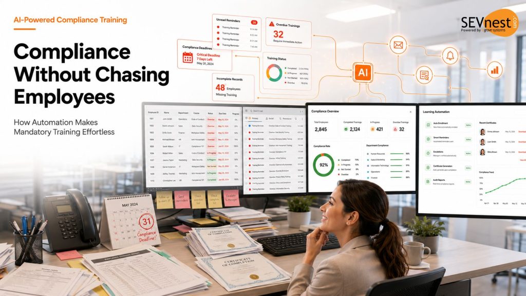 Compliance Without Chasing Employees HR manager using AI-powered compliance training software to improve employee training completion